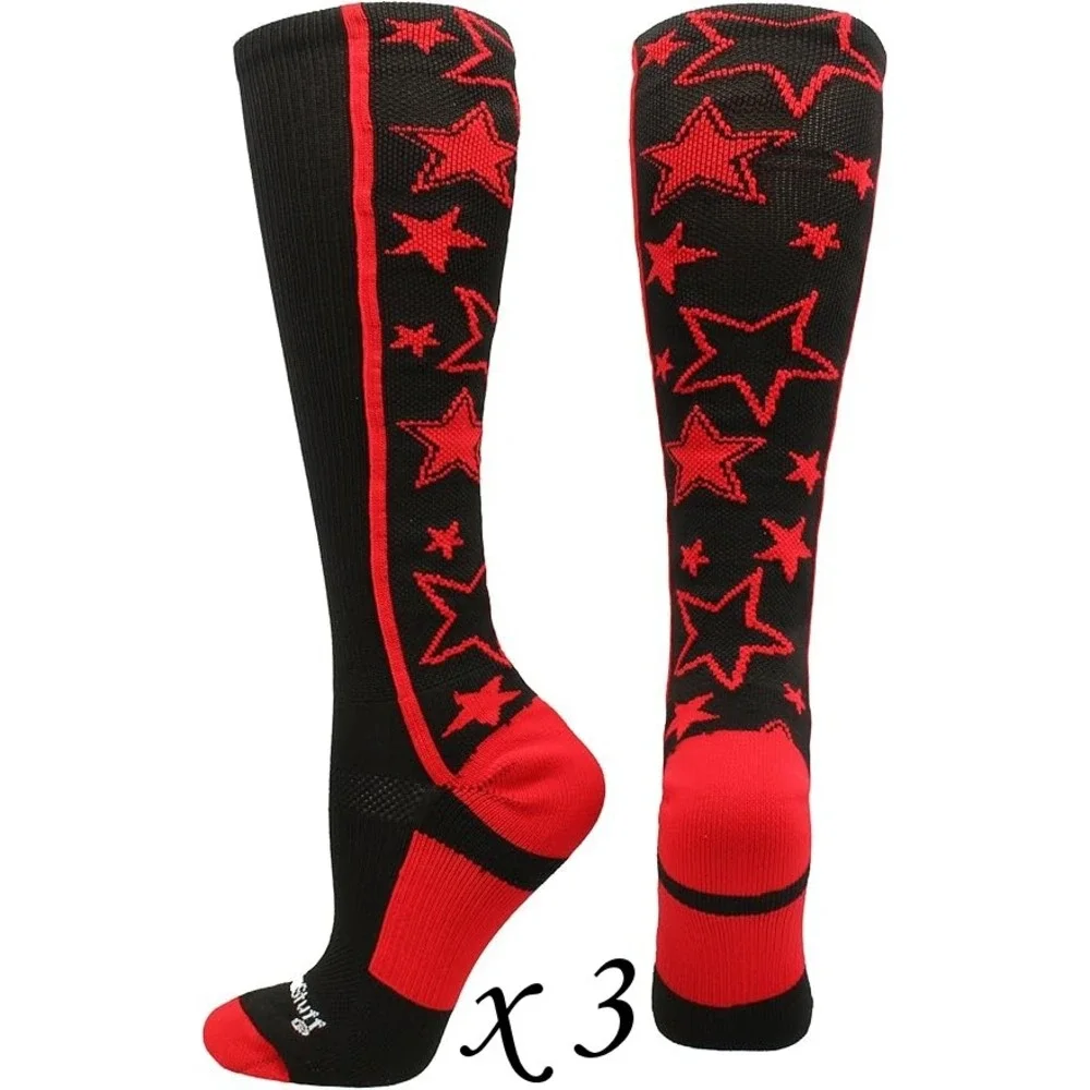 3 Pairs MadSportsStuff Over the Calf Softball Socks - Black w/ Red Stars - Small